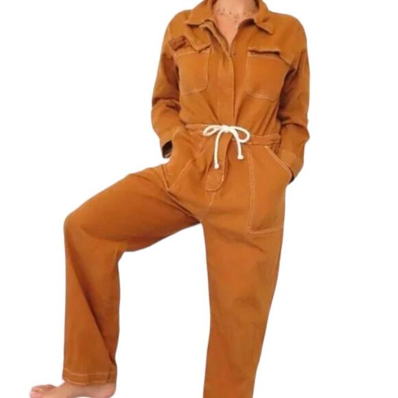 Abercrombie & Fitch Caramel Brown Utility Jumpsuit Long Sleeve Pant Romper - Picture 3 of 9